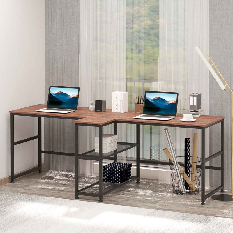 HOMCOM 83" Two Person Computer Desk with 2 Storage Shelves, Double Desk Workstation with Book Shelf,  Long Desk Table for Home Office, Dark Walnut
