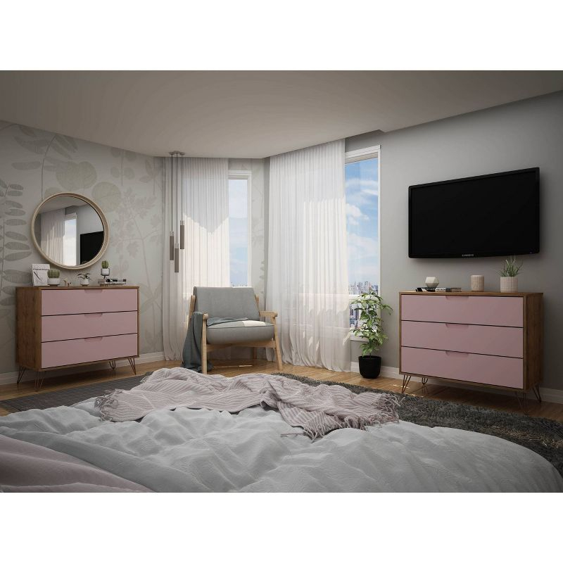 Set of 2 Rockefeller 3 Drawer Dresser Nature/Rose Pink - Manhattan Comfort: MDF Bedroom Storage, Easy-Glide, 6 Drawers