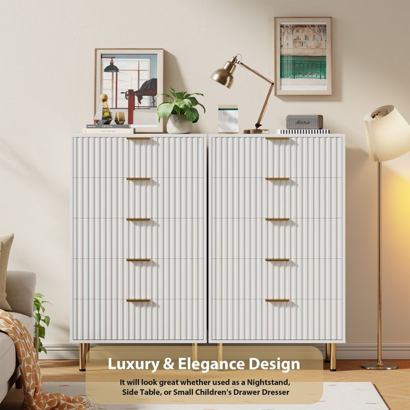 Garvee Fluted 5 Drawer Dresser for Bedroom, 48" Tall Modern Chest of Drawers, Wooden Dresser Organizer for Living Room, Hallway, Kids Room, White