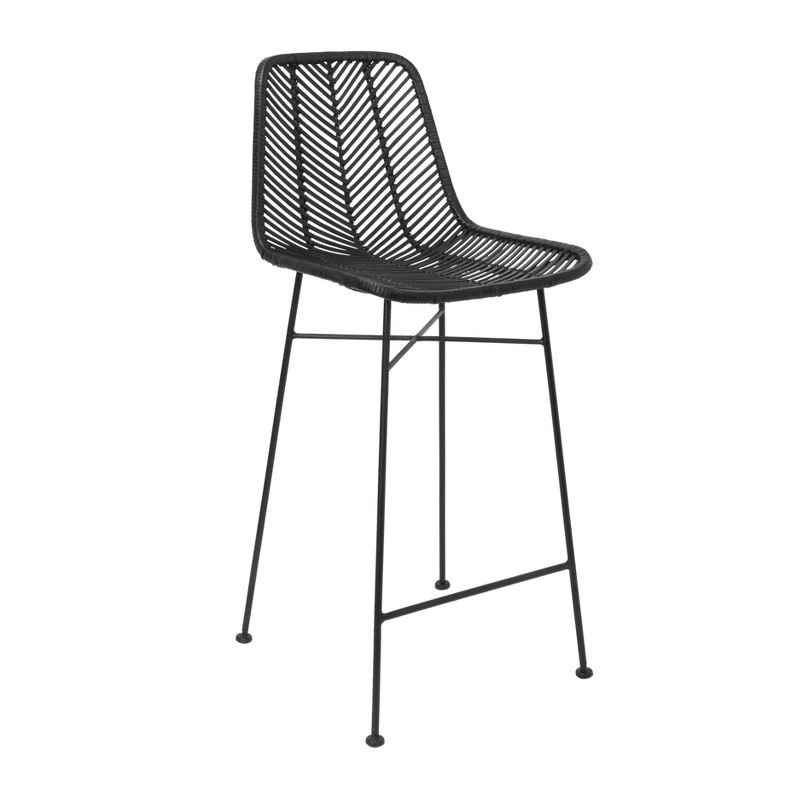 Storied Home Rattan Bar Stool Black: Wrought Iron Frame, Fixed Height, Spot Clean, Adult Use