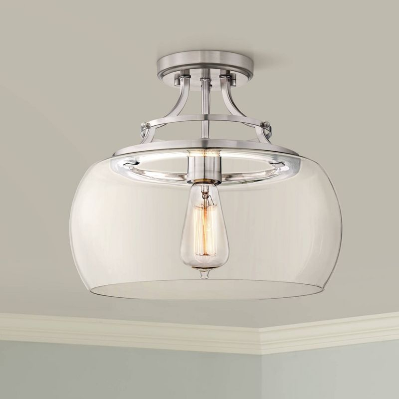 Franklin Iron Works Charleston Modern Industrial Ceiling Light Semi Flush Mount Fixture 13 1/2" Wide Brushed Nickel LED Clear Glass Shade for Bedroom