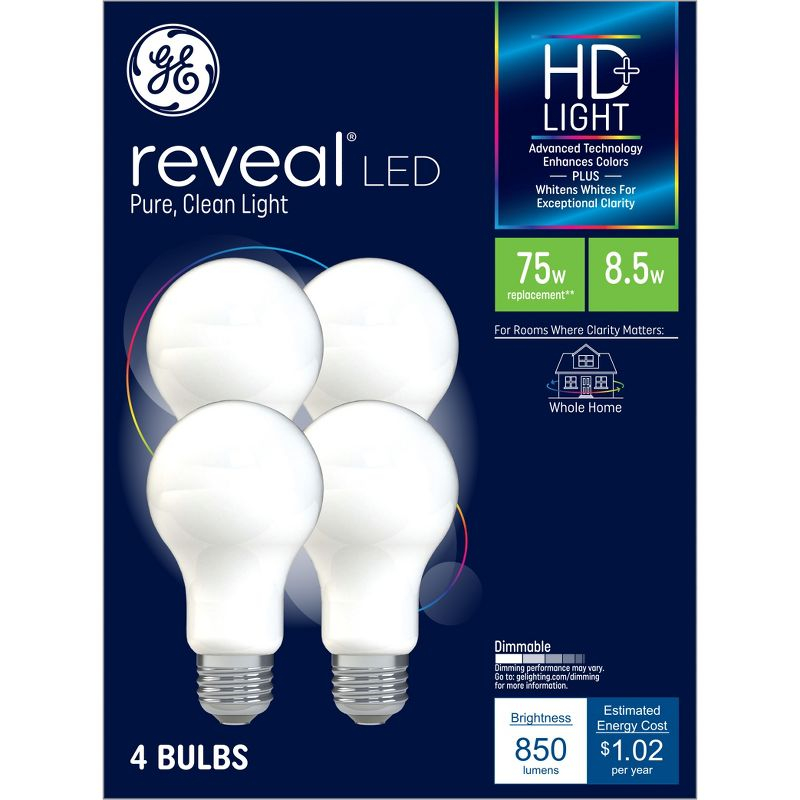 GE 4pk 75W Reveal A19 LED Light Bulbs Daylight: Dimmable, 850 Lumens, 2850K, E26 Base, 13.7-Year Life, Suitable for Wet Locations