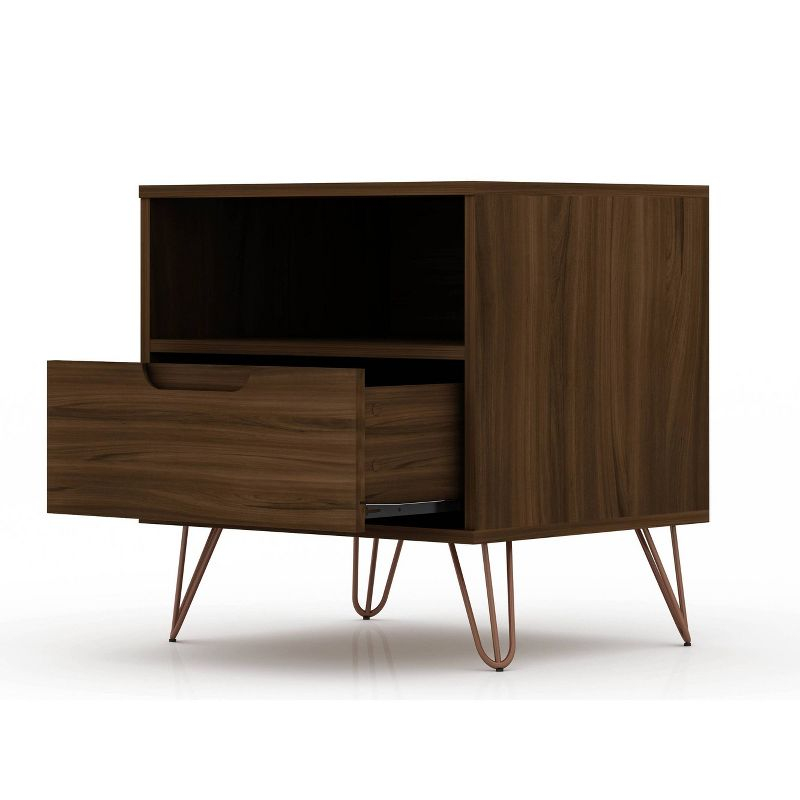 1.0 Rockefeller Nightstand Brown - Manhattan Comfort: Modern Bedside Table with Storage, Shelving & Metal Glides