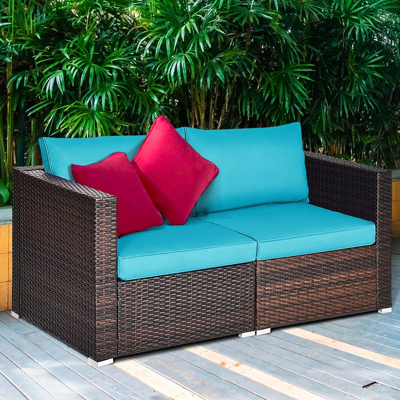 Costway 2PCS Patio Rattan Corner Sofa Sectional Furniture Blue Cushion
