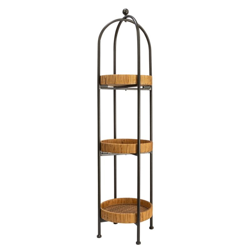 Storied Home Boho Arched Metal Plant Stand or Shelf with 3 Round Removable Rattan Trays, Natural and Black