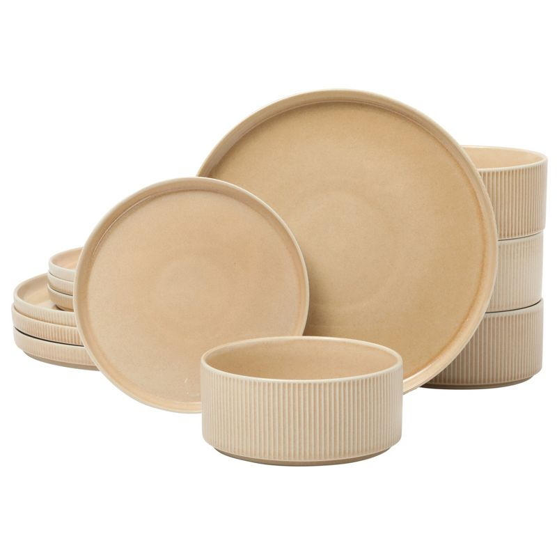 Gibson Elite Solana Coast 12 Piece Stoneware Reactive Glaze (Service for 4) Ceramic Plates and Bowls Modern Shape Embossed Dinnerware Set - Orange