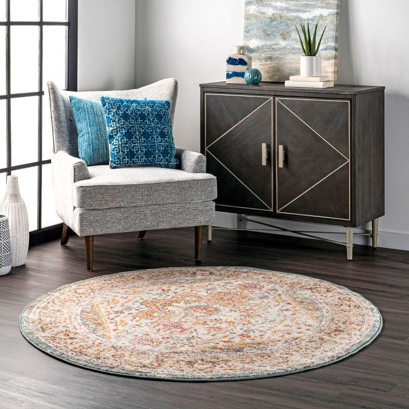 Nuloom 5 Round Justine Vintage Medallion Indoor Area Rug, Beige, Faded Persian Design, Stain Resistant, BedroomLiving Room, Kitchen,
