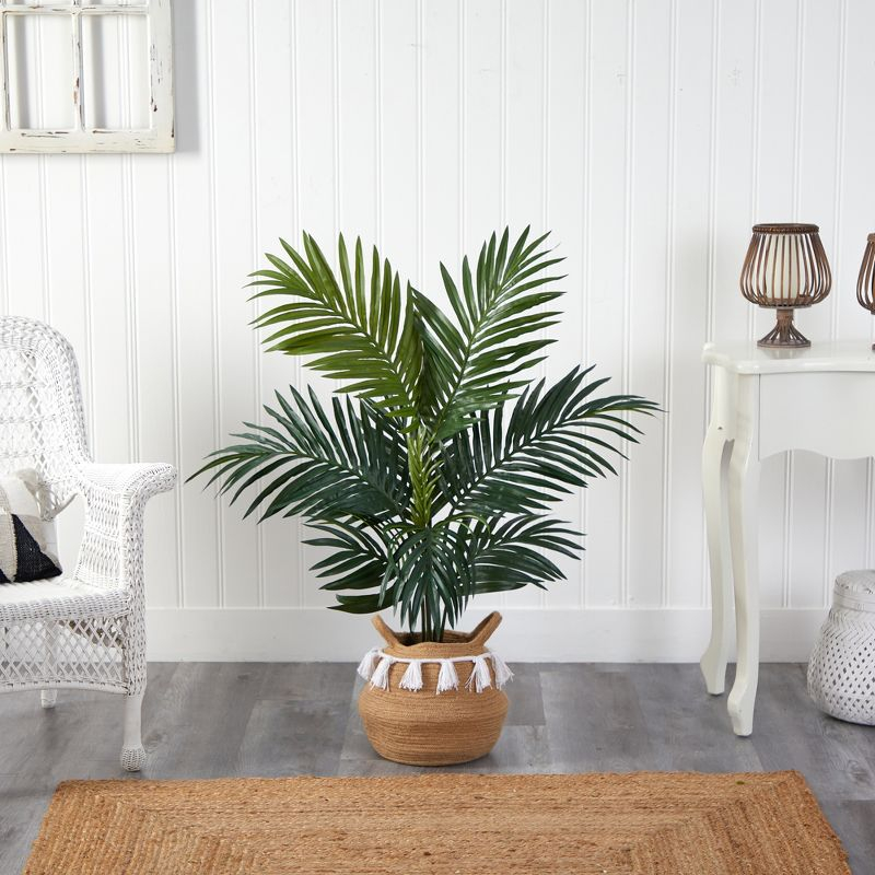 Nearly Natural 4-ft Kentia Palm Artificial Tree in Boho Chic Handmade Natural Cotton Woven Planter with Tassels