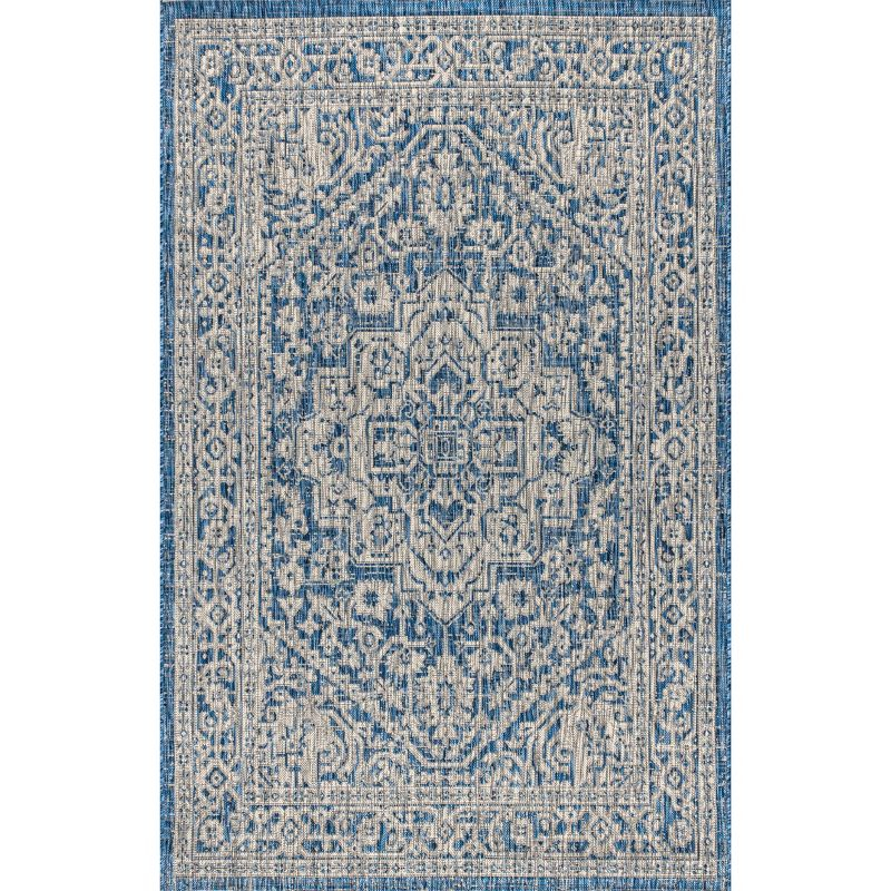 8'x10' Sinjuri Medallion Textured Weave Indoor/Outdoor Area Rug, Navy/Gray - JONATHAN Y