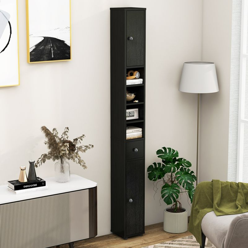 Tangkula Tall Slim Bathroom Storage Cabinet 71" Freestanding w/ 2 Doors 1 Drawer & 5 Adjustable Shelves Narrow Tower Cabinet for Small Spaces Black