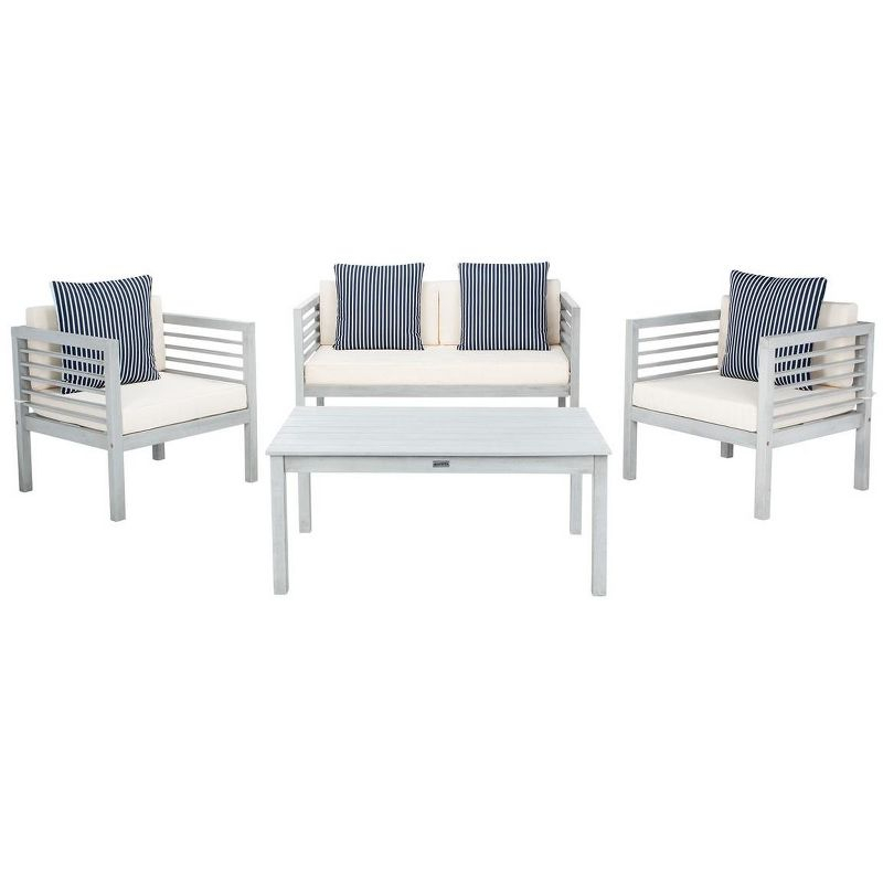 Alda 4 Piece Set - Indoor/Outdoor - PAT7033 - Grey/Beige + Thin Stripe Pillow - Safavieh