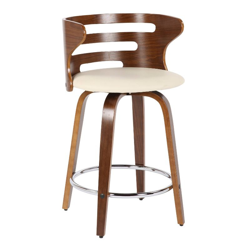 LumiSource Set of 2 Cosini Upholstered Counter Height Barstools Cream/Walnut: Swivel, Wood Legs, Faux Leather