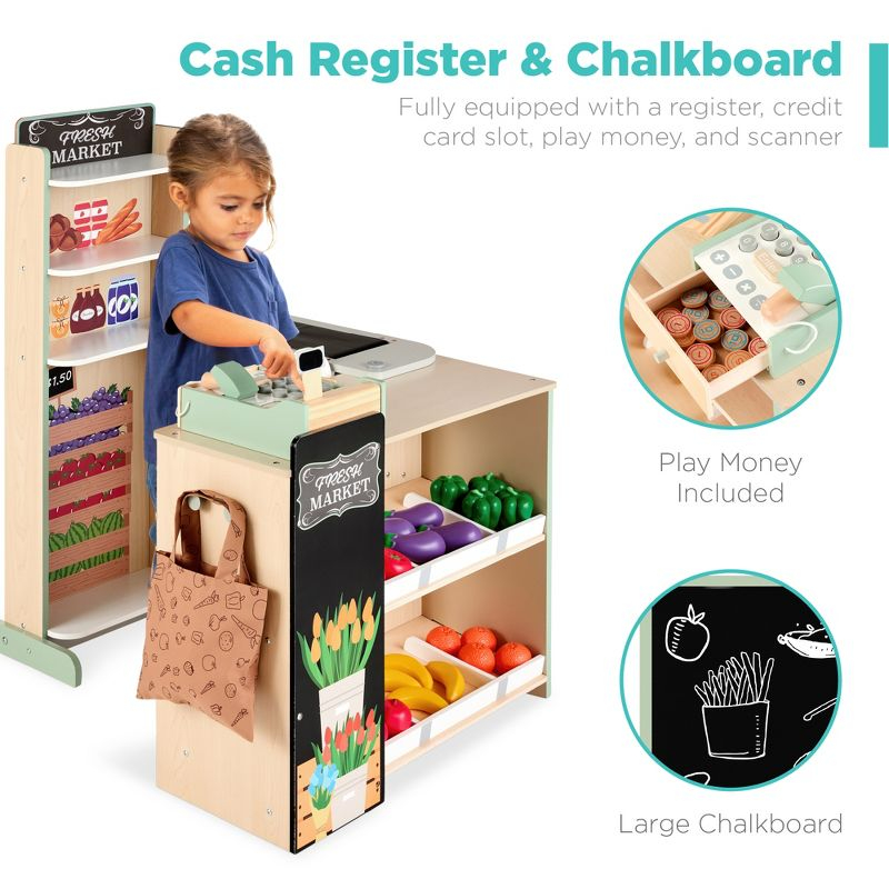 Best Choice Products Kids Pretend Play Grocery Store Wooden Supermarket Set w/ Chalkboard, Cash Register - Natural