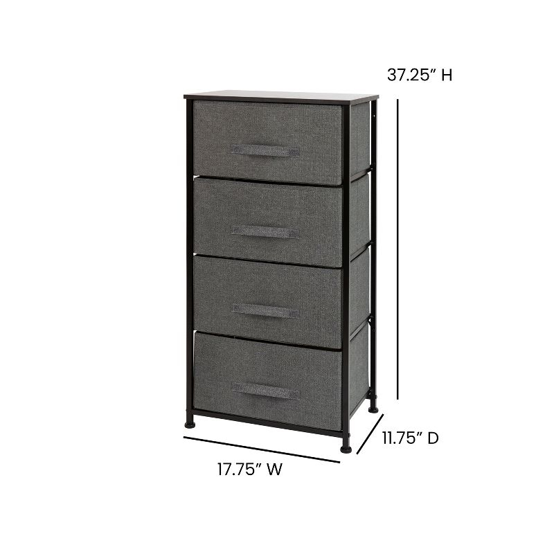 Emma and Oliver 4 Drawer Vertical Storage Dresser with Black Wood Top & Gray Fabric Pull Drawers