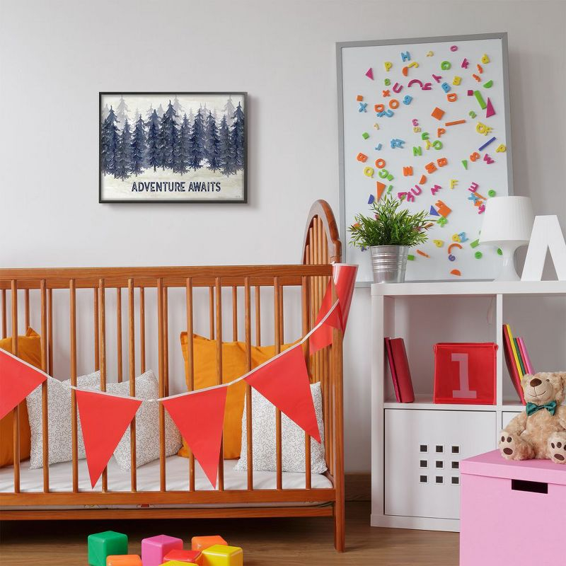 Stupell Industries Adventure Awaits Quote Blue Pine Tree Forest Scene Black Framed Giclee, 16 x 20