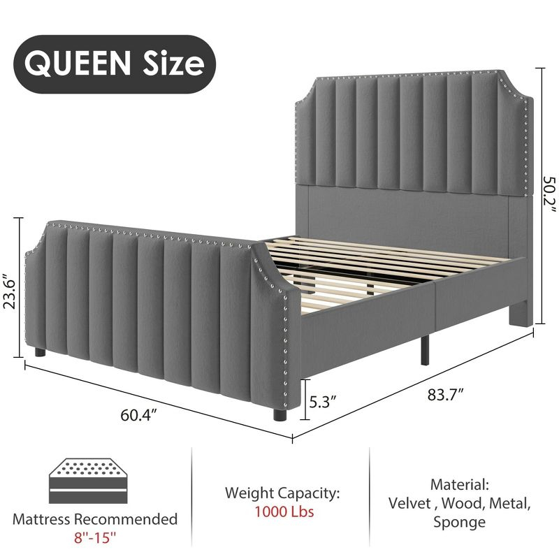 Queen Size Platform Bed Frame with 50.2" Headboard, Velvet Upholstered Bed Frame Queen with Vertical Channel Tufted Headboard & Footboard,Light Gray