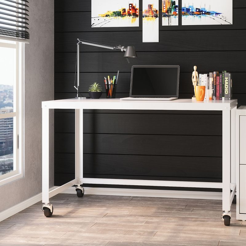 Space Solutions Mobile Desk Steel White: Compact Metal Writing Table, No Storage, Painted Surface