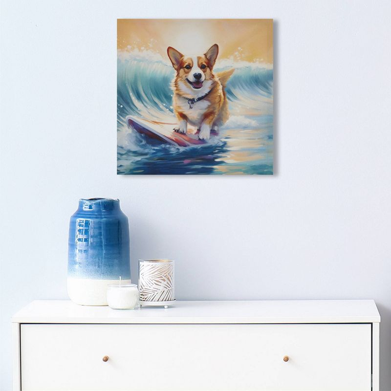 Madison Park 16"x16" Beach Playful Lively Dogs Print Canvas Wall Decor Art Corgi Blue: Farmhouse Style, Animal Theme for Living Room