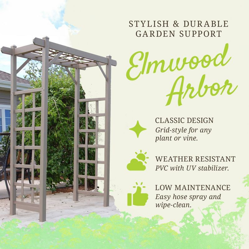 Dura-Trel Elmwood Arbor, 57 by 84 Inch PVC Patio Garden Arch, Outdoor Lattice Frame Decoration or Trellis for Climbing Plants, Mocha