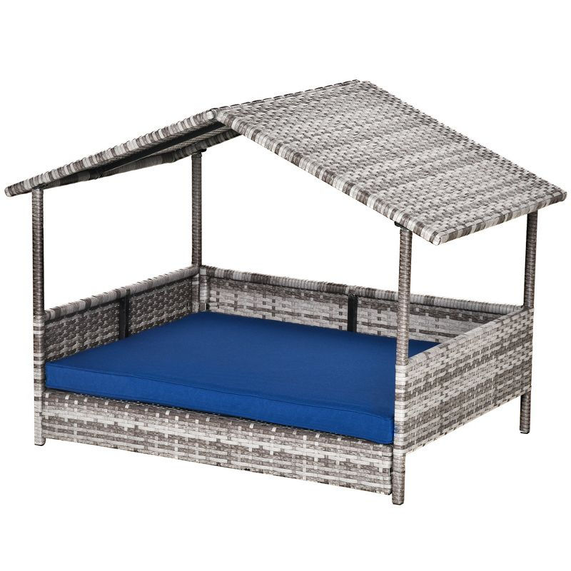 PawHut Wicker Dog House Elevated Raised Rattan Bed for Indoor/Outdoor with Removable Cushion Lounge, Dark Blue