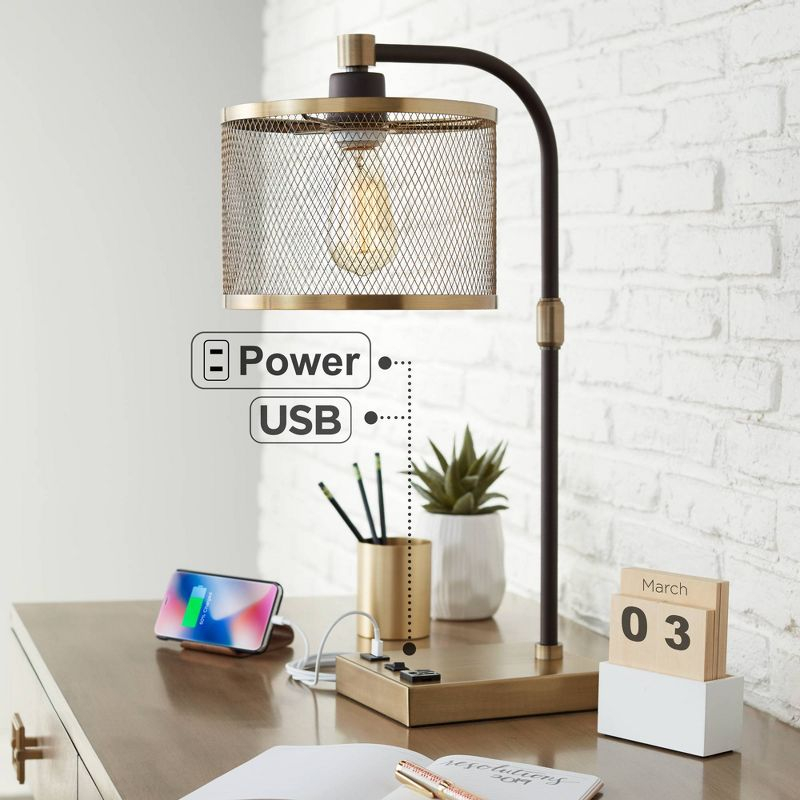 360 Lighting Brody Industrial Desk Lamp 22 1/4" High Antique Brass with USB and AC Power Outlet in Base Black Perforated Metal Shade for Living Room