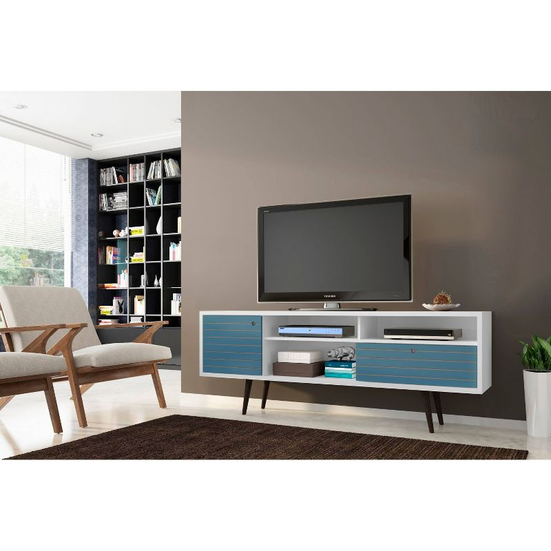 Liberty 3 Shelf and 1 Drawer TV Stand for TVs up to 65" White/Aqua Blue - Manhattan Comfort
