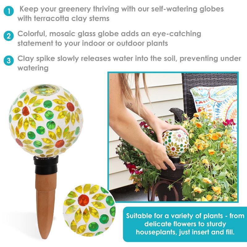 Sunnydaze Outdoor Mosaic Glass Watering Globe with Clay Spike for Planters - 9.5" - Bright Blooms