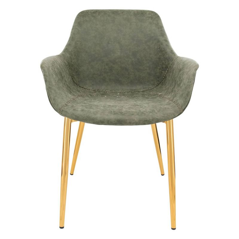 LeisureMod Markley Faux Leather Dining Chair with Arms and Gold Metal Legs, Olive Green