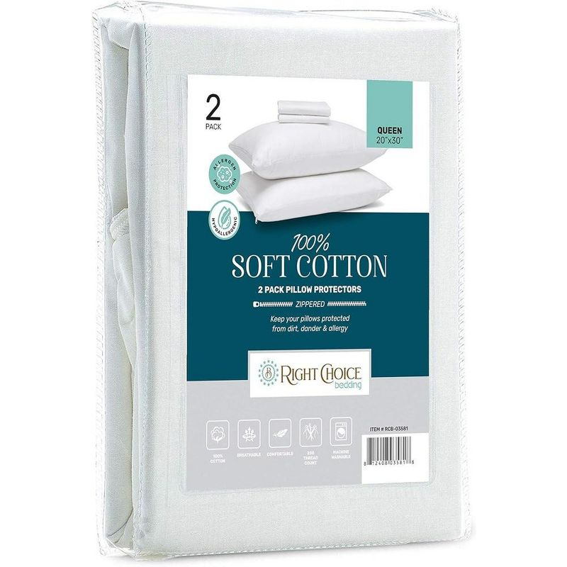 Right Choice Bedding 100% Cotton Queen Pillow Protector with Zipper – (2 Pack)