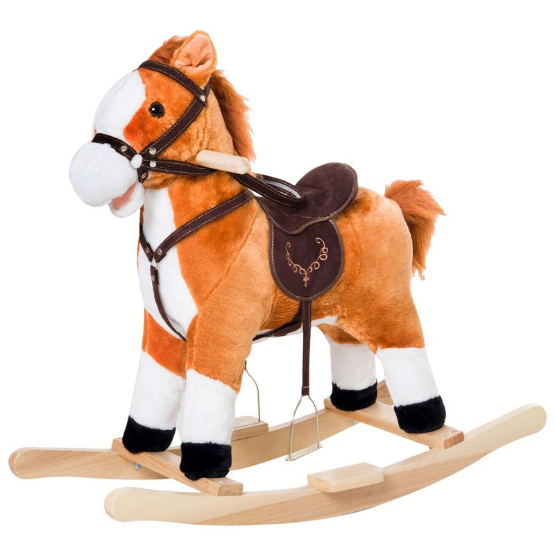 Qaba Kids Plush Toy Rocking Horse Ride on with Realistic Sounds -  Brown