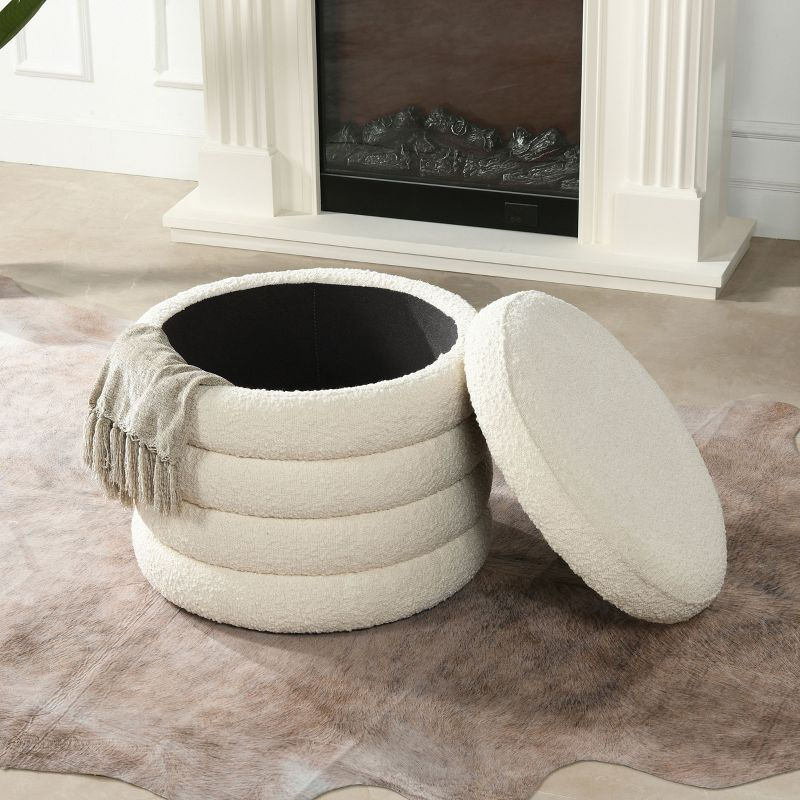 NicBex Modern 19" Round Storage Ottoman Wood Footstools with Boucle Fabric for Bedroom and Living Room, White