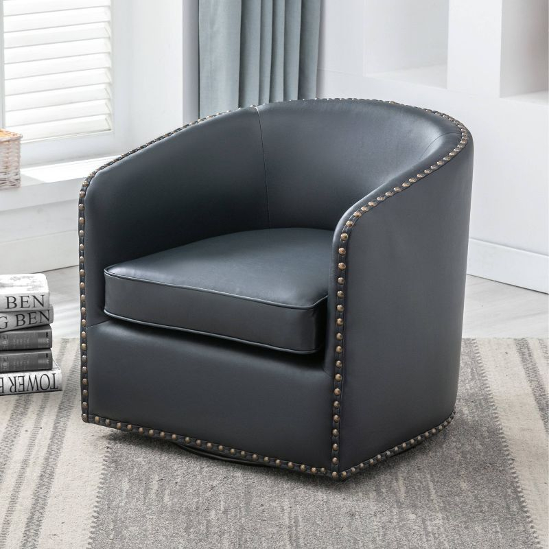 Comfort Pointe Tyler Swivel Arm Chair Midnight Blue: Upholstered, Nailhead Trim, Foam Filled, Wood Frame