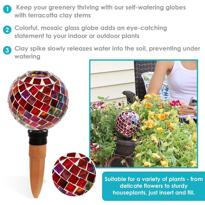 Sunnydaze Outdoor Mosaic Glass Watering Globe with Clay Spike for Planters - 9.5" - Magenta Medley
