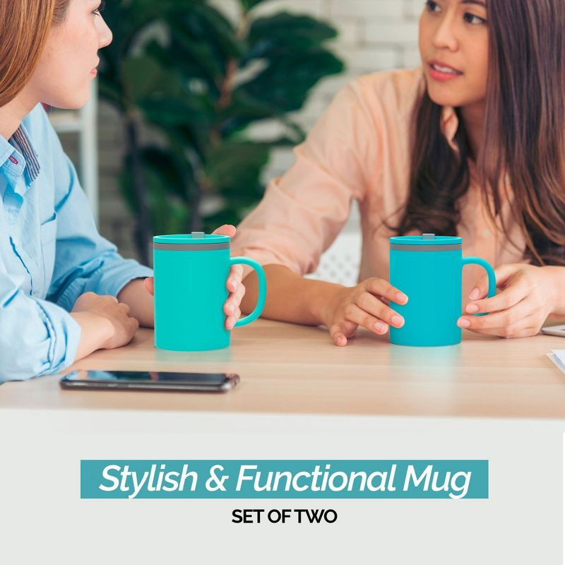 Copco Iconic 16oz Double Wall Insulated Desk Mug with Lid and Handle, Set of 2, BPA-Free Reusable Plastic, Spill-Proof, Wide Mouth (Aqua/Mint)