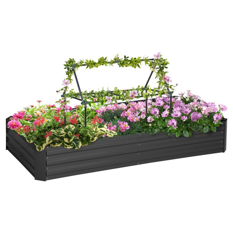 Outsunny Raised Garden Bed, Galvanized Elevated Planter Box with 2 Customizable Trellis Tomato Cages for Climbing Vines, 6' x 3' x 1', Black