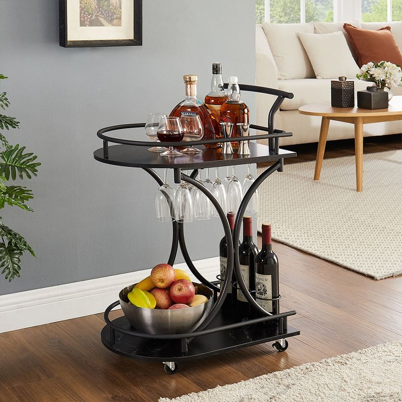 MaseiKar 2-Tier Bar Cart, Black Wine Cart with Wine Rack & Glass Holder, Mobile Bar Serving Cart for Home Party, Drink Trolley for Living Room