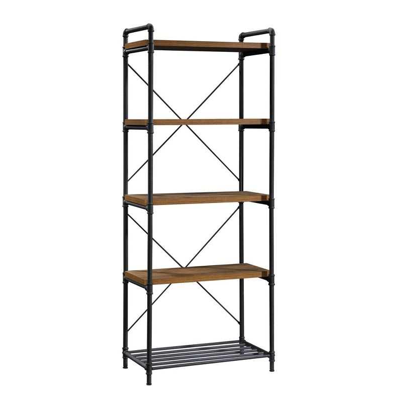 76" Tall Iron City Bookshelf Checked Oak - Sauder: 5-Shelf Metal Frame, Farmhouse Style, Rustic Storage: Vertical Shelving Unit