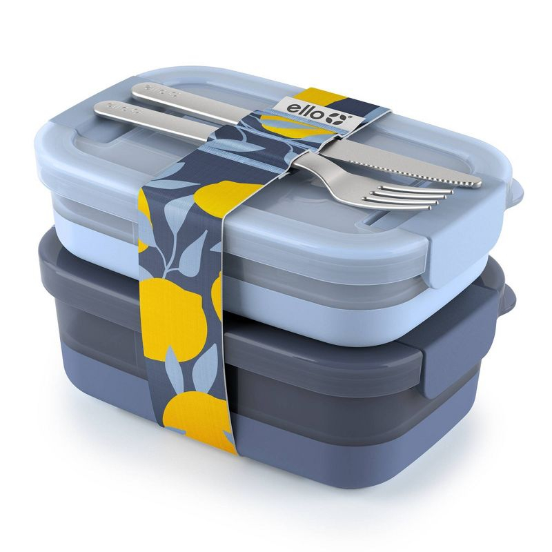 Ello 2pk Plastic Lunch Stack Food Storage Container Blue: Freezer, Dishwasher & Microwave Safe, Includes Utensils & Strap