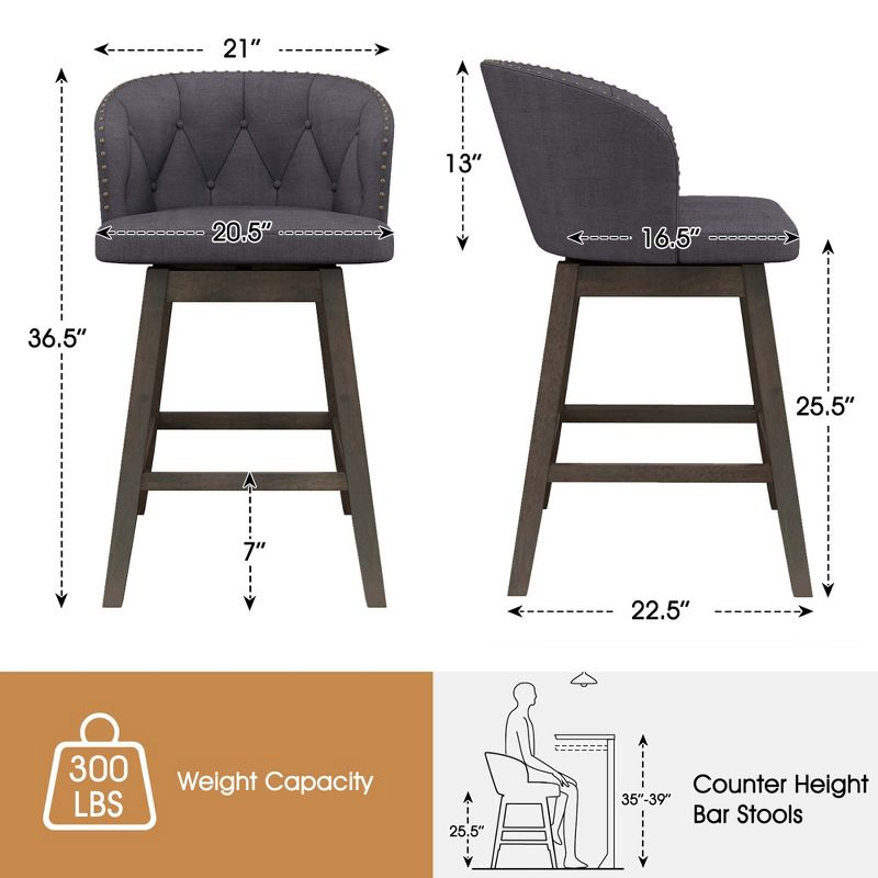 Costway 4 PCS Counter Height Bar Stools Fabric Upholstered Island Stools with 360° Swivel Seat Gray