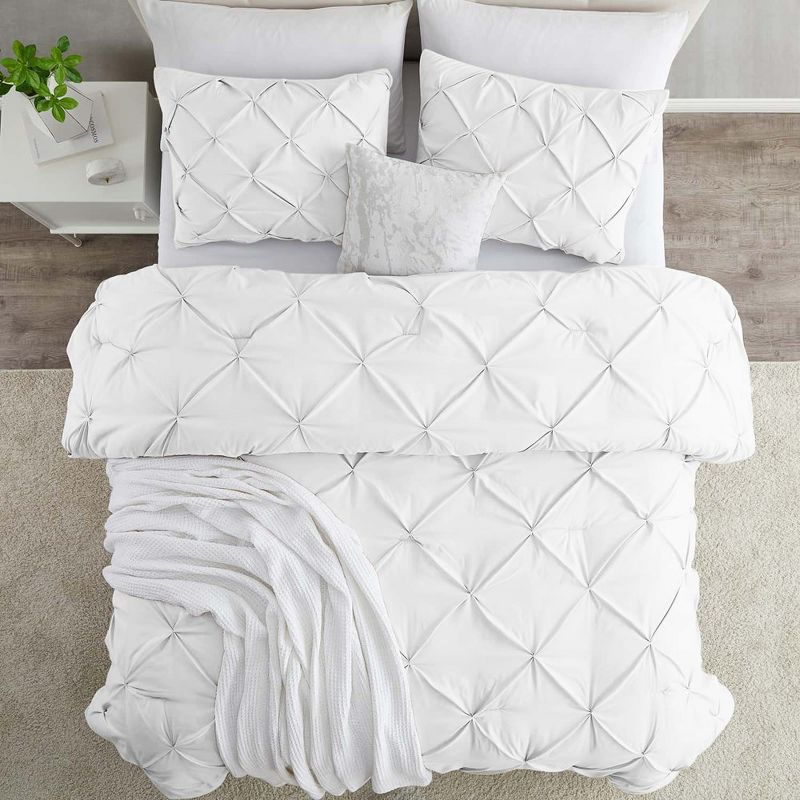 Nestl 3 Piece Pinch Pleated Duvet Cover Set, Queen Size Double Brushed Pintuck Duvet Cover with Button Closure, White
