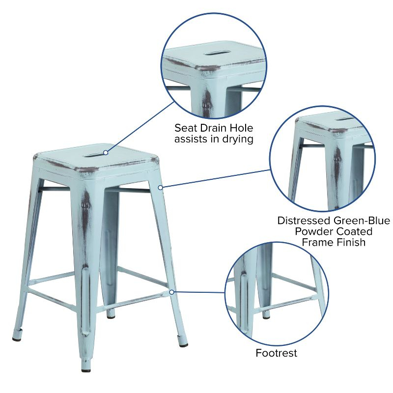 Flash Furniture Kai Commercial Grade 24" High Backless Distressed Green-Blue Metal Indoor-Outdoor Counter Height Stool