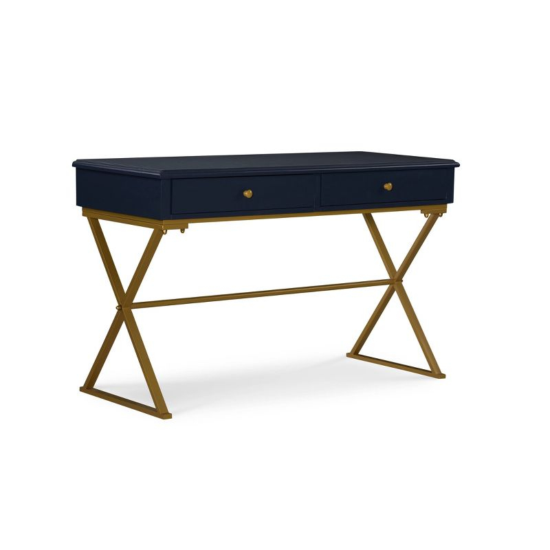 Campaign 2 Drawer Desk Blue/Gold - Linon: Matte Gold Legs, MDF, Metal Hardware