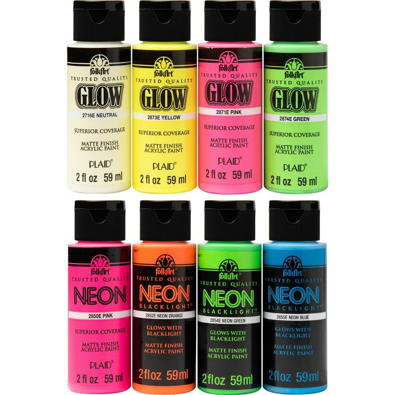 Fa Neon Glw In Drk 8Pc Set 20Z: Multicolored Acrylic Paint & Primer, Interior Use, 24 Sq Ft Coverage, Fast Drying