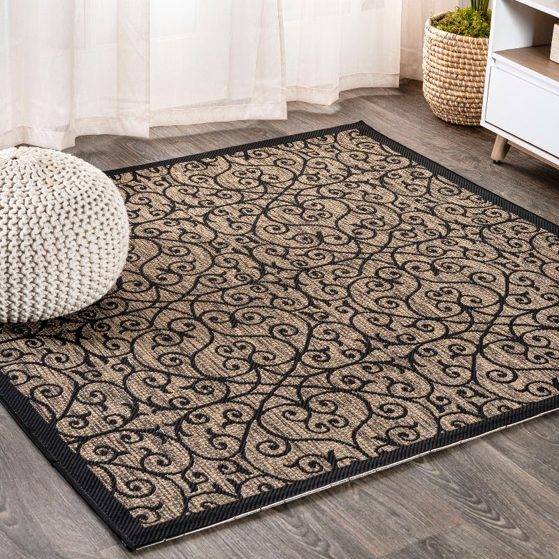 6' Square Madrid Vintage Filigree Textured Weave Indoor/Outdoor Area Rug, Black/Khaki - JONATHAN Y