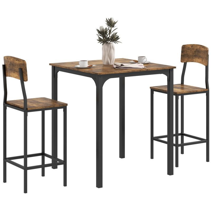 HOMCOM 3 Piece Bar Table and Chairs Set, Industrial Small Dining Table Set for 2, Square Kitchen Table and Stools, Rustic Brown and Black