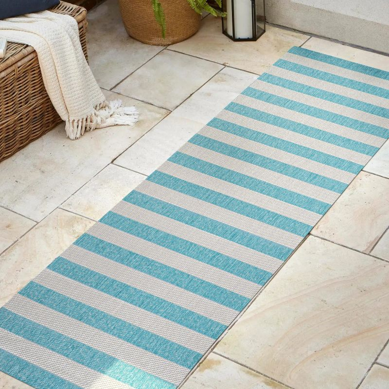2' x 8' Negril Two-Tone Wide Stripe Indoor/Outdoor Runner Rug, Aqua/Cream - JONATHAN Y