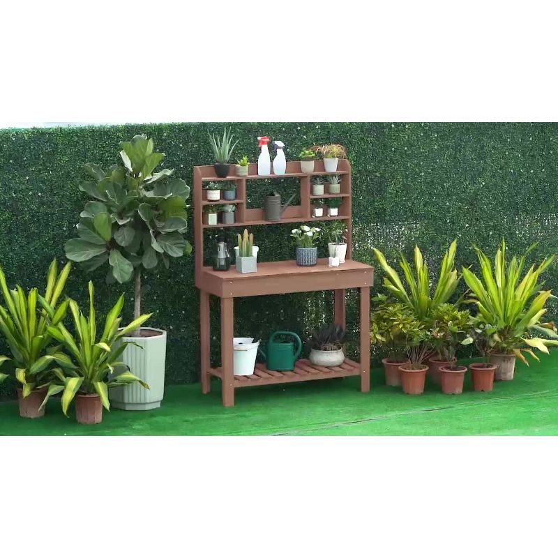 Yaheetech Potting Bench Table with Display Rack/ Storage Shelf/ Hanger, Brown