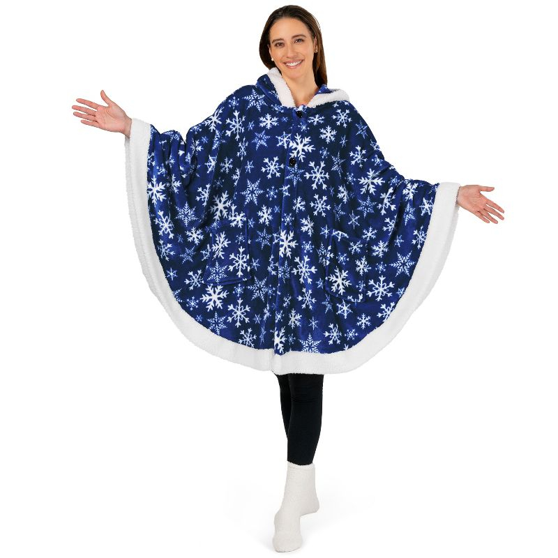 PAVILIA Angel Wrap Hooded Blanket for Women Adult, Wearable Cozy Wrap Throw Fleece Shawl Cape, Snowflake Blue/Faux Shearling