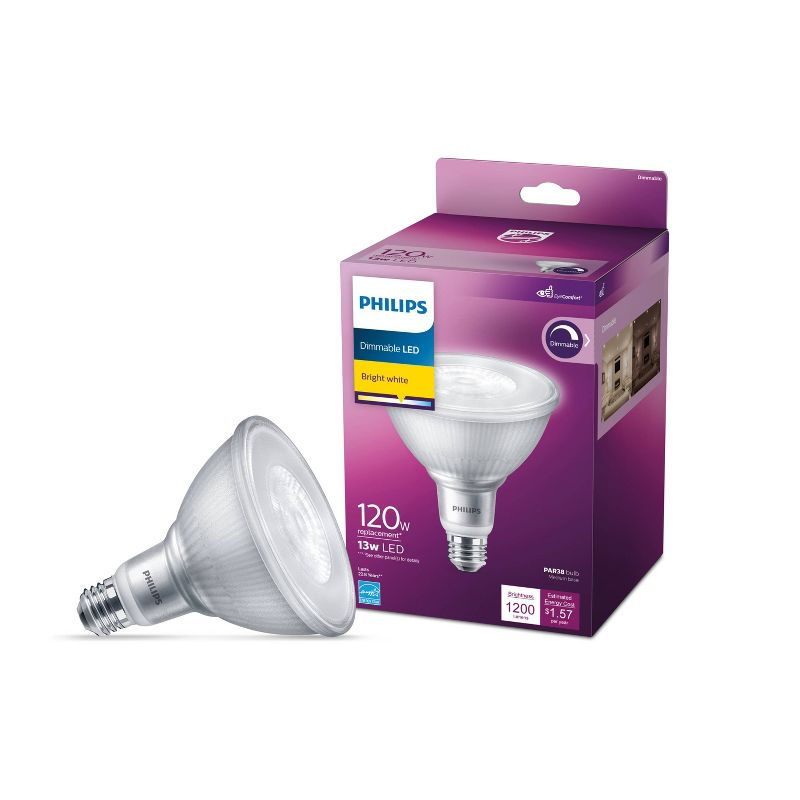 Philips LED 120W Bright White PAR38 1P: Dimmable Outdoor Flood Light Bulb, 120V, Energy Star Certified, 3000K, E26 Base