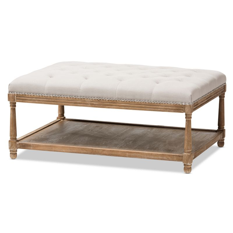 Carlotta French Country Weathered Oak Linen Rectangular Coffee Table Ottoman Beige - Baxton Studio: Elegant Tufted Design, Storage Shelf